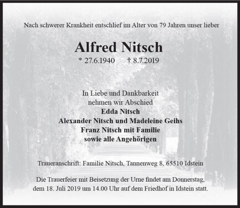  Traueranzeige für Alfred Kitsch vom 13.07.2019 aus vrm-trauer