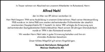 Traueranzeige von Alfred Nehl von vrm-trauer