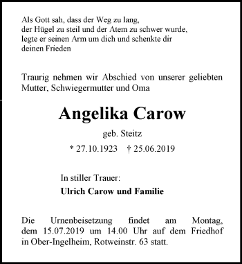 Traueranzeige von Angelika Carow von vrm-trauer