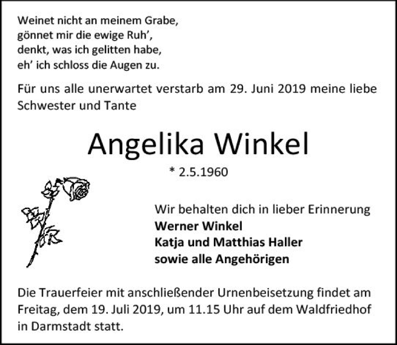  Traueranzeige für Angelika Winkel vom 13.07.2019 aus vrm-trauer