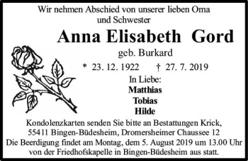 Traueranzeige von Anna Elisabeth Gord von vrm-trauer