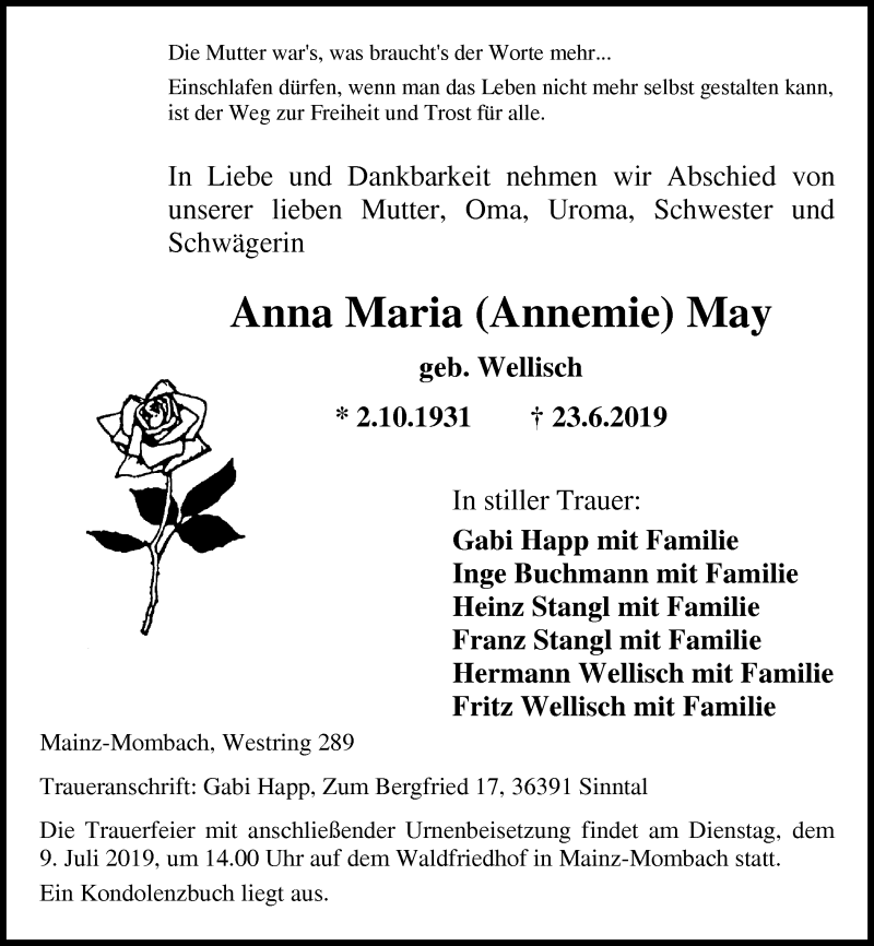  Traueranzeige für Anna Maria  May vom 06.07.2019 aus vrm-trauer