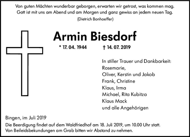  Traueranzeige für Armin Biesdorf vom 16.07.2019 aus vrm-trauer