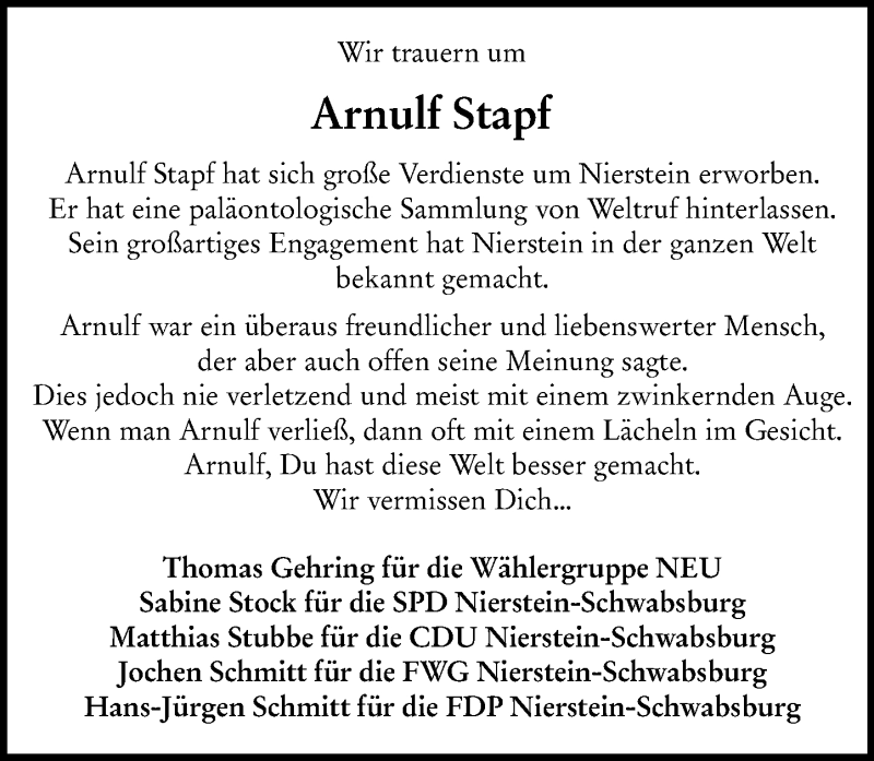  Traueranzeige für Arnulf Stapf vom 06.07.2019 aus vrm-trauer