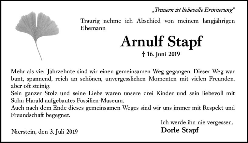  Traueranzeige für Arnulf Stapf vom 03.07.2019 aus vrm-trauer