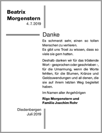 Traueranzeige von Beatrix Morgenstern von vrm-trauer
