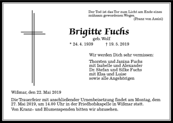 Traueranzeige von Brigitte Fuchs von  Gießener Anzeiger