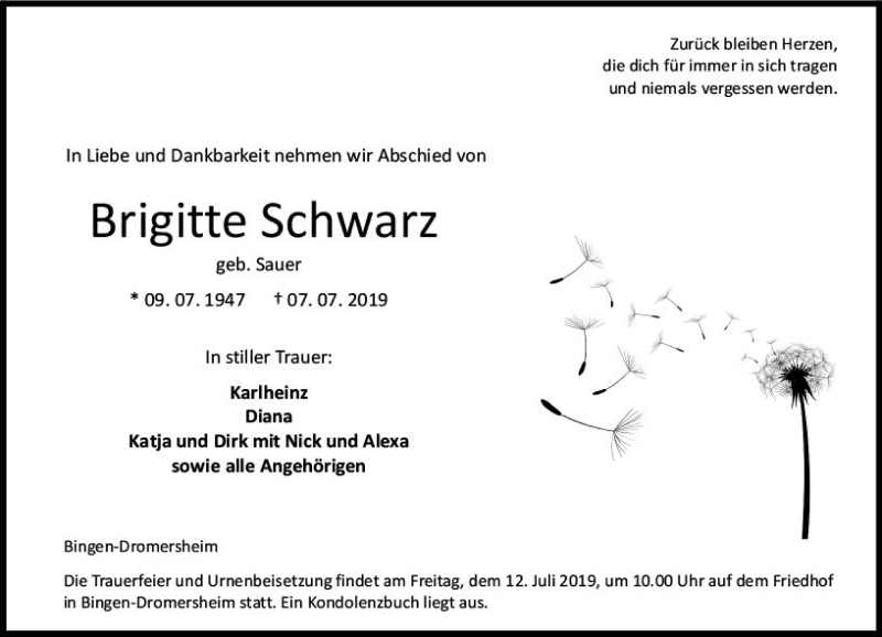  Traueranzeige für Brigitte Schwarz vom 10.07.2019 aus vrm-trauer