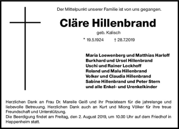 Traueranzeige von Cläre Hillenbrand von vrm-trauer