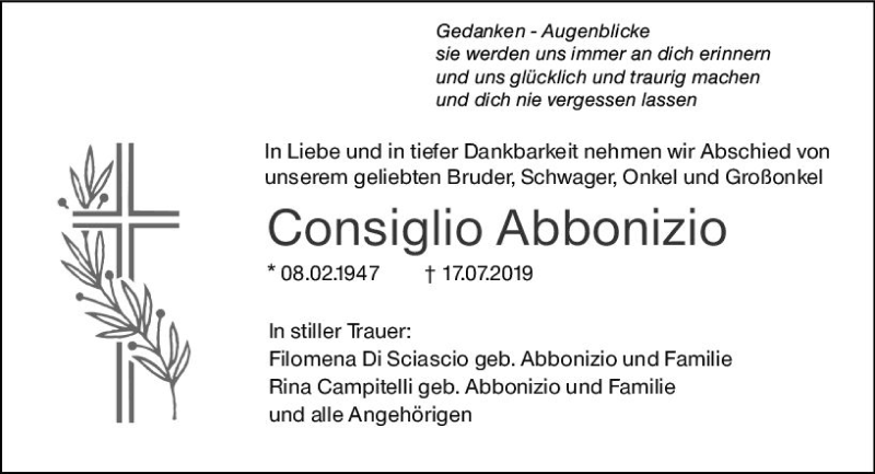  Traueranzeige für Consiglio Abbonizio vom 19.07.2019 aus vrm-trauer