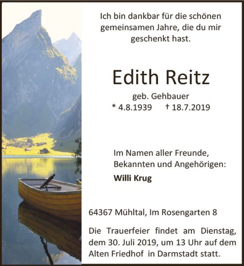  Traueranzeige für Edith Reitz vom 27.07.2019 aus vrm-trauer