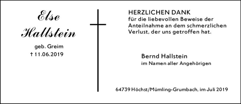 Traueranzeige für Else Hallstein vom 09.07.2019 aus vrm-trauer