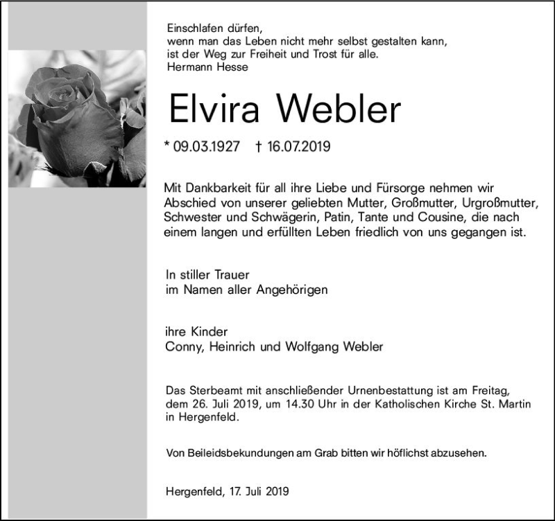  Traueranzeige für Elvira Webler vom 20.07.2019 aus vrm-trauer