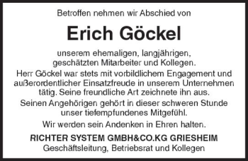 Traueranzeige von Erich Göckel von vrm-trauer