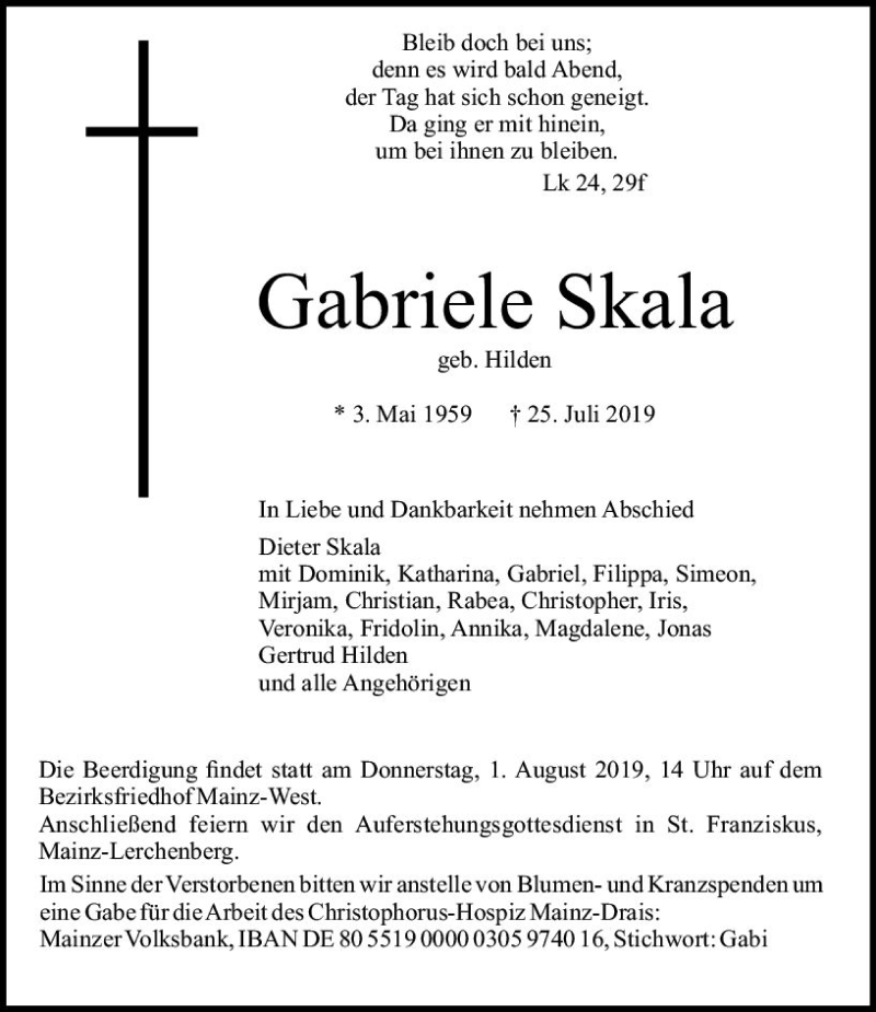  Traueranzeige für Gabriele Skala vom 30.07.2019 aus vrm-trauer