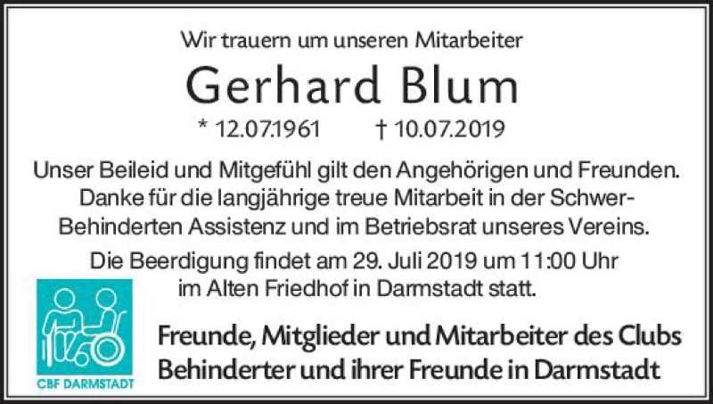  Traueranzeige für Gerhard Blum vom 24.07.2019 aus vrm-trauer