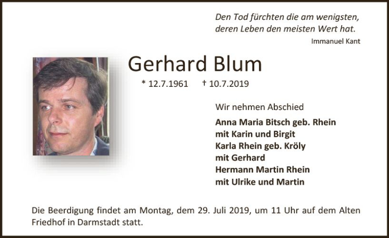  Traueranzeige für Gerhard Blum vom 22.07.2019 aus vrm-trauer