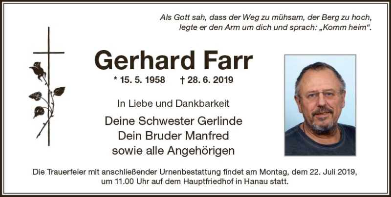  Traueranzeige für Gerhard Farr vom 13.07.2019 aus vrm-trauer
