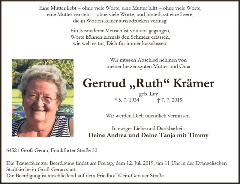  Traueranzeige für Gertrud Krämer vom 09.07.2019 aus vrm-trauer