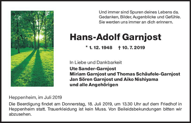  Traueranzeige für Hans-Adolf Garnjost vom 16.07.2019 aus vrm-trauer