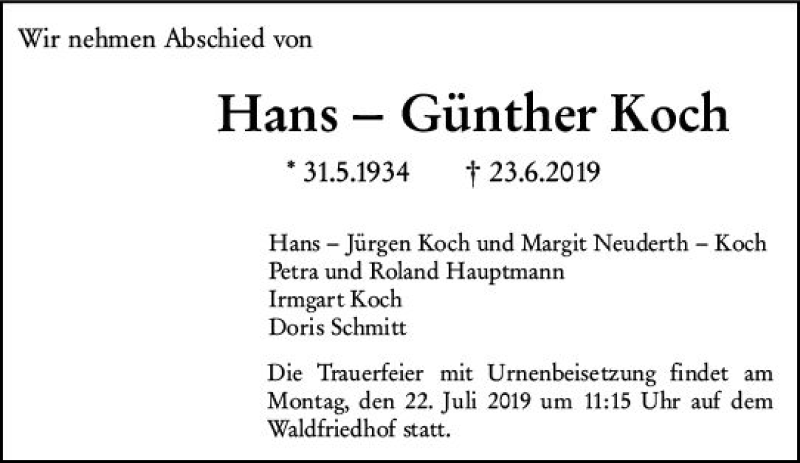  Traueranzeige für Hans-Günther Koch vom 13.07.2019 aus vrm-trauer