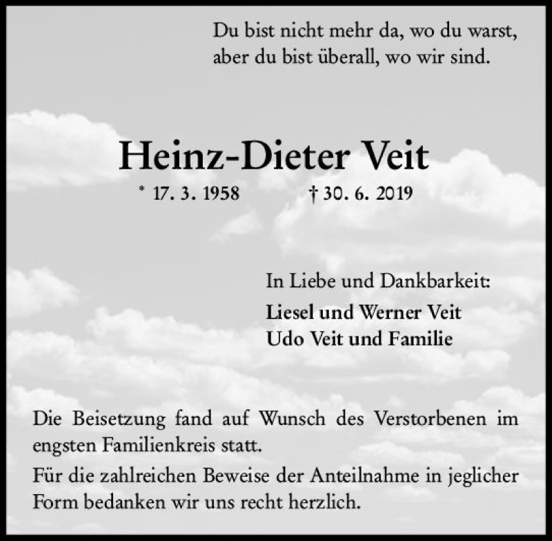  Traueranzeige für Heinz-Dieter Veit vom 13.07.2019 aus vrm-trauer