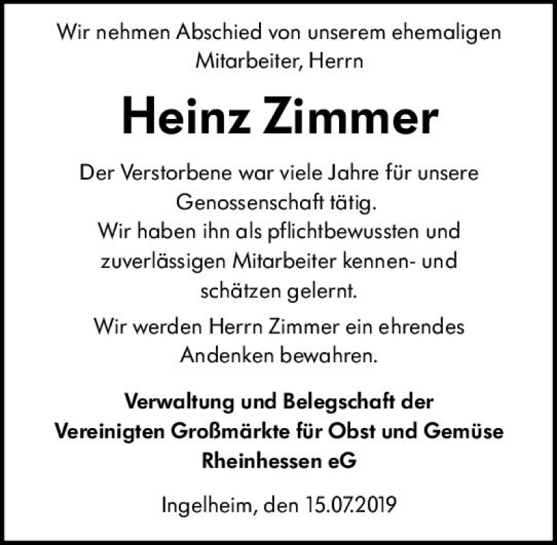  Traueranzeige für Heinz Zimmer vom 16.07.2019 aus vrm-trauer