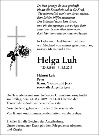 Traueranzeige von Helga Luh von  WNZ - Wetzlarer Neue Zeitung ()