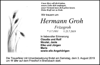 Traueranzeige von Hermann Groh von vrm-trauer