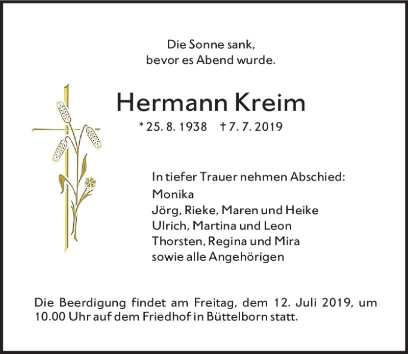  Traueranzeige für Hermann Kreim vom 09.07.2019 aus vrm-trauer