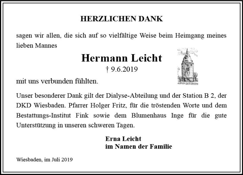  Traueranzeige für Hermann Leicht vom 13.07.2019 aus vrm-trauer