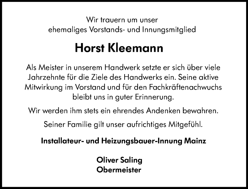  Traueranzeige für Horst Kleemann vom 06.07.2019 aus vrm-trauer