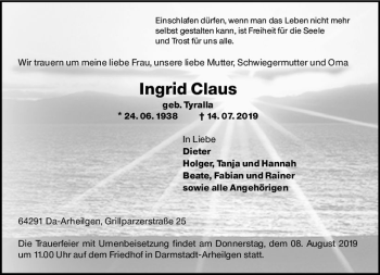 Traueranzeige von Ingrid Claus von vrm-trauer
