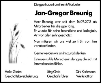Traueranzeige von Jan-Gregor Breunig von vrm-trauer