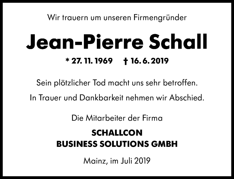  Traueranzeige für Jean-Pierre Schall vom 06.07.2019 aus vrm-trauer