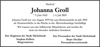 Traueranzeige von Johanna Groll von vrm-trauer