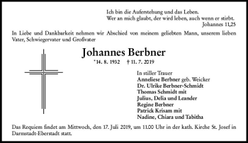 Traueranzeige von Johannes Berbner von vrm-trauer