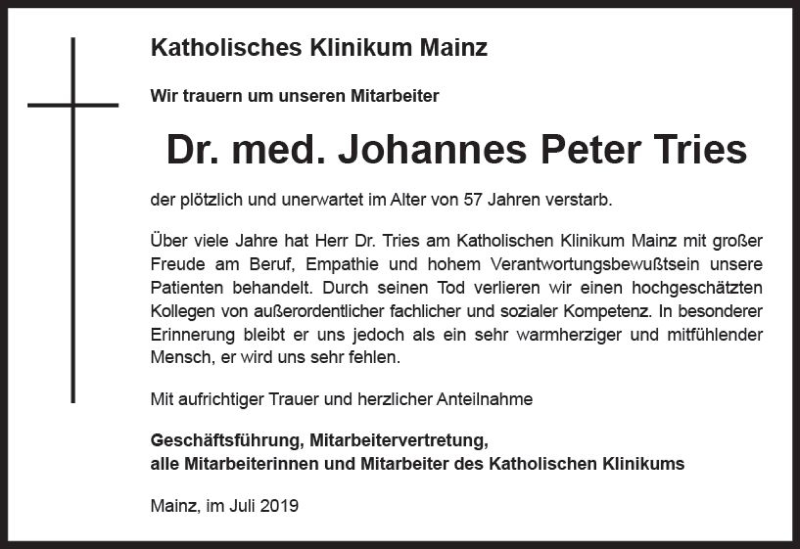  Traueranzeige für Johannes Peter Tries vom 20.07.2019 aus vrm-trauer