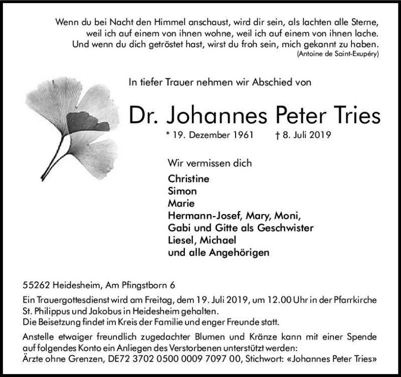  Traueranzeige für Johannes Peter Tries vom 17.07.2019 aus vrm-trauer