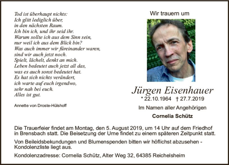  Traueranzeige für Jürgen Eisenhauer vom 31.07.2019 aus vrm-trauer