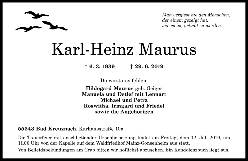  Traueranzeige für Karl-Heinz Maurus vom 06.07.2019 aus vrm-trauer