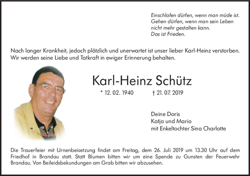  Traueranzeige für Karl-Heinz Schütz vom 24.07.2019 aus vrm-trauer