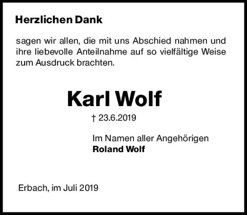  Traueranzeige für Karl Wolf vom 20.07.2019 aus vrm-trauer
