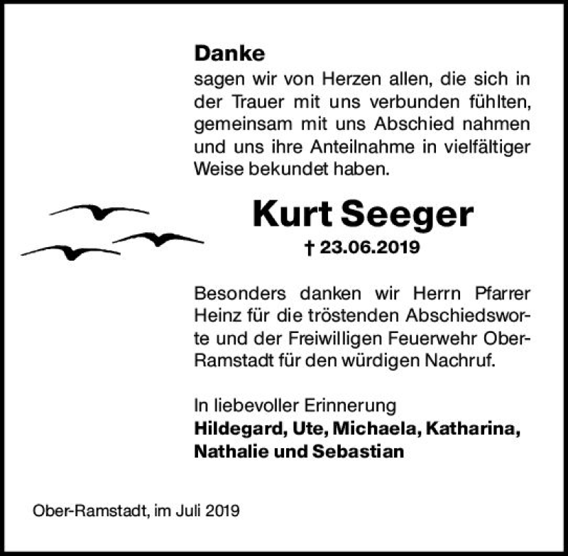  Traueranzeige für Kurt Seeger vom 20.07.2019 aus vrm-trauer