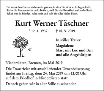 Traueranzeige von Kurt Werner Täschner von  HA - Hinterländer Anzeiger ()