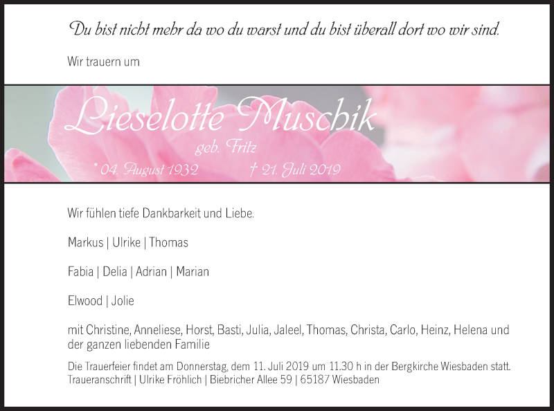  Traueranzeige für Lieselotte Muschik vom 06.07.2019 aus vrm-trauer