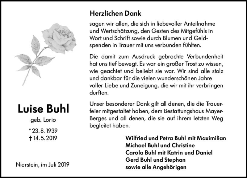  Traueranzeige für Luise Buhl vom 20.07.2019 aus vrm-trauer