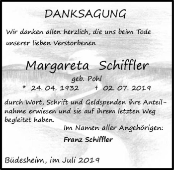 Traueranzeige von Margareta Schiffler von vrm-trauer