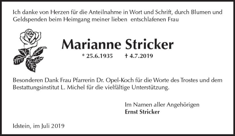  Traueranzeige für Marianne Stricker vom 27.07.2019 aus vrm-trauer