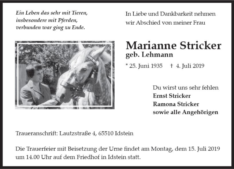  Traueranzeige für Marianne Stricker vom 10.07.2019 aus vrm-trauer